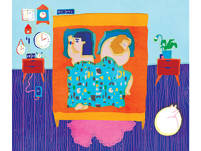 Time Is On My Side apartment book illustration cat character clocks couple illustration love time