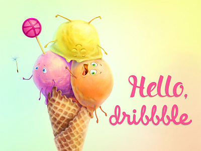Hello Dribbble! comic funny ice cream illustration sweet waffle cone