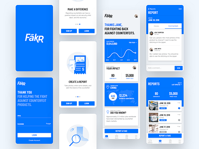 Fakr App app cards counterfeit dashboard fake iphone onboarding report