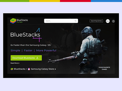 Bluestacks Header Redesign banner branding dark app dark mode dark theme dark ui design gaming graphic hero banner hero header imagery typogaphy ui ui design ux website