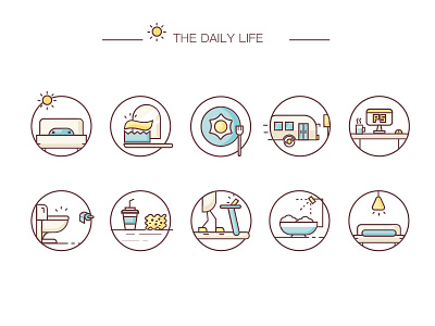 daily life icon afternoon tea and running bed breakfast brush my teeth icon take a shower toilet work