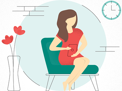 Work From Home flat illustration green chair red flowers vector woman woman sitting woman tablet work from home working working woman