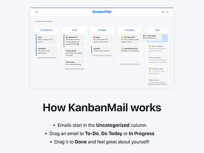 KanbanMail landing page section – “How KanbanMail Works” app email emails kanban landing page saas ui web app web design website
