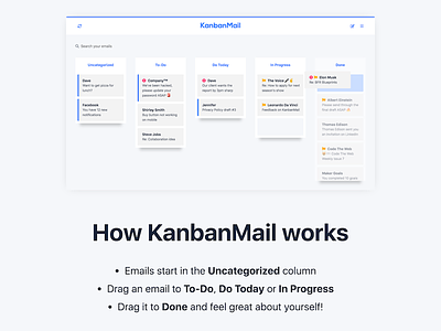 KanbanMail landing page section – “How KanbanMail Works”