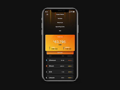 Crypto Market - menu screen app bitcoin clean crypto cryptocurrency menu orange tracking ui uiux
