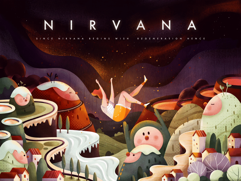 Nirvana animation illustration moutain night sky tail
