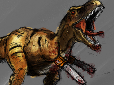 the turbosaurus rex! awesome chainsaw dinosaur illustration painting sketch t rex tyrannosaurus