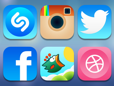 Some of my favourite apps in iOS 7 Style, apple apps dribble facebook icons instagram ios7 logos shazam tiny twitter wings