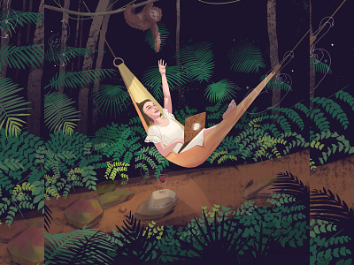 Wind III - Sloth Breeze hammock illustration night procreate rainforest sloth