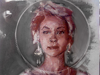Oil Comp grey portrait red woman