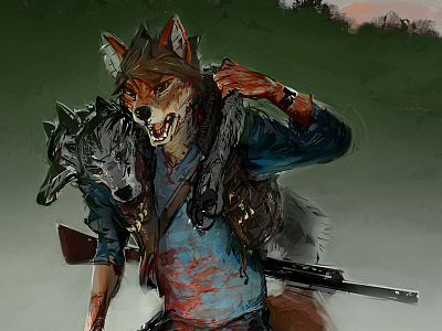 I Am A Wolf alchemy anthro blood fox gun hunter illustration painting pelt photoshop trees