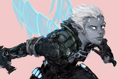 Aurora character concept art drawing elf knight male mmo mmorpg rpg video game videogame white hair wings