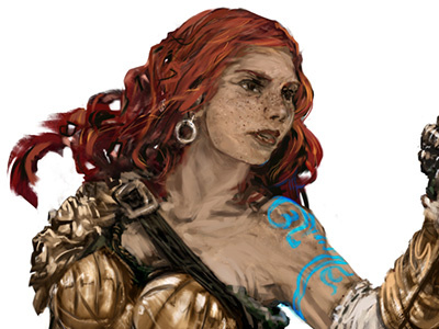 Jonathanvair Oracle armor female freckles magic pauldron primary colors red head tattoo warrior