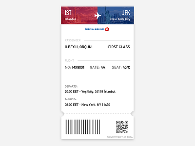 Boarding Pass - DailyUI 024 airline airport boarding pass dailyui ist istanbul jfk new york turkey usa