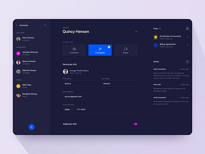 Contacts Page - Dark Mode app clean colours dark design interface ui ux web