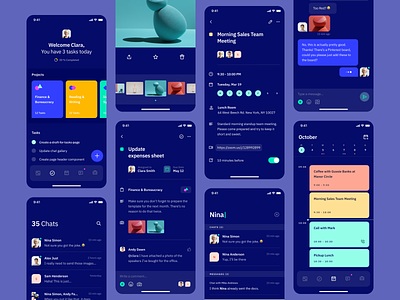 Indigo DS - Dark Grid app calendar calendar app chat clean colours contacts gallery interface schedule search task typography ui ux vibrant vibrant colors
