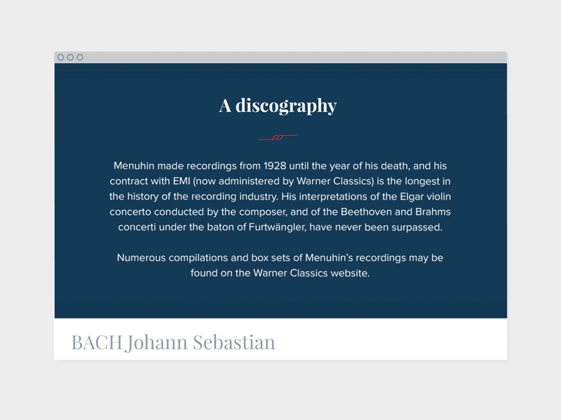 Yehudi Menuhin discography scroll expand accordion typography music list discography design animation branding ux ui