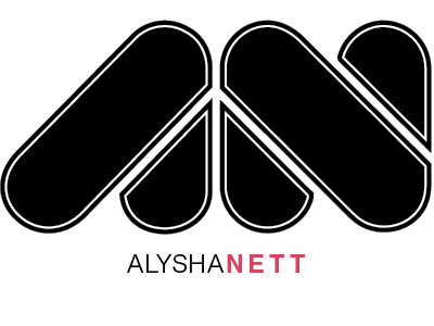 Alysha Nett black clean initials logo pink simple typography white