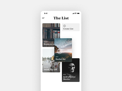 The List App UI books bucket list cards grid ios listing mobile app movies