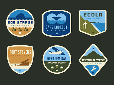 Oregon State Park Badges (First Six) badges camping coast hiking illustration oregon patches state parks surfing whale