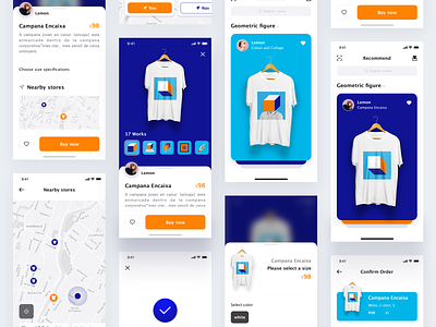 T-shirt store app animation app brand card cascading color digitalart ios map orange pattern payment completed print pull up t shirt ux