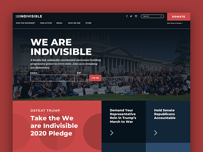 Indivisible Homepage advocacy america american blue call to action capitol collage dark election form home homepage navigation political politics red typography united states website white