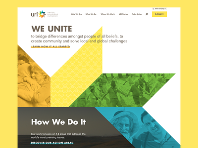 United Religions Initiative Homepage aten atendesigngroup design homepage logo nonprofit rainbow trapezoid ui ux website yellow