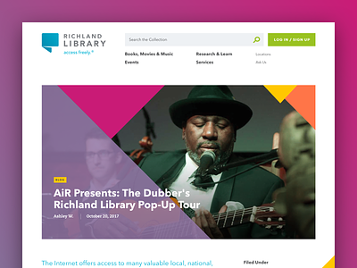 Richland Library Blog Post Detail Page aten avenir blog design label library musician navigation orange pink purple triangle typography vector website yellow