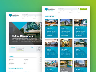Richland Library Location Pages address aten blue branch card contact detail hours library location open triangle typography vector website