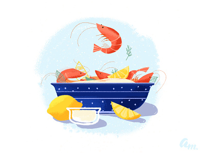 Shrimp & lemons with sourcream - food illustration annamukhina food food illustration illustration illustrationdaily illustrationoftheday lemon plate prawns shrimp sourcream