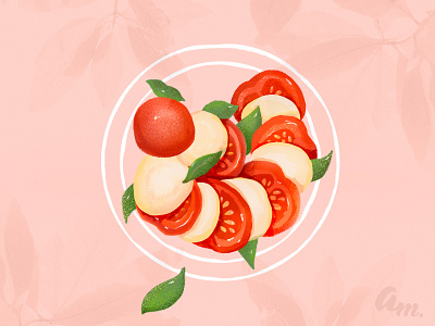 Caprese salad - tomatos, mozarella and basil 4 ingredients annamukhina basil caprese food food illustration graphic design illustration leaves mozarella peaces plate salad tomato tomatos yammi