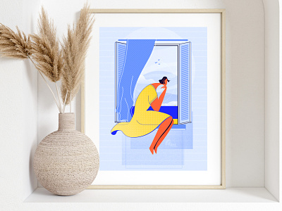 Missing home annamukhina blue girl illustration missinghome sea standwithukraine window woman yellow