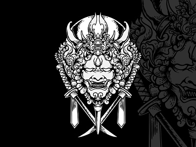 Demon Mask with Samurai, Black and white illustration artwork design illustration japan samurai tattoo vector