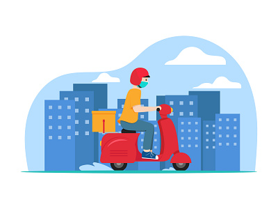 Delivery man service with mask flat design background branding design flatdesign illustration ui vector