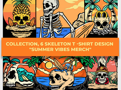 Collection Summer skull - original Hand drawn design illustration skeleton summer vector vibes