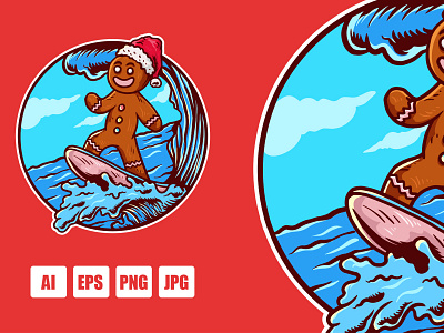 Christmas Gingerbread Man Surfing illustration artwork christmas christmas design design gingerbread gingerbread man illustration tshirt vector