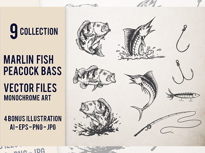 Collection vector vintage fish handrawn bash collection design fish fishing bass handrawn illustration vector vintage