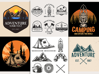 Vintage badge collection adventure artwork bagde collection design drawing element illustration logo mountain object original set template vector vintage