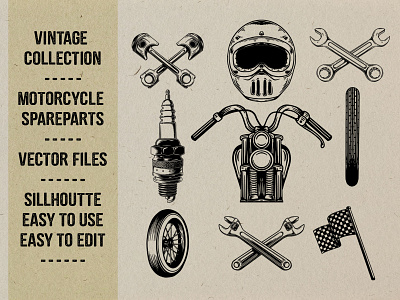 Colection vintage motorcycle element handrawing style