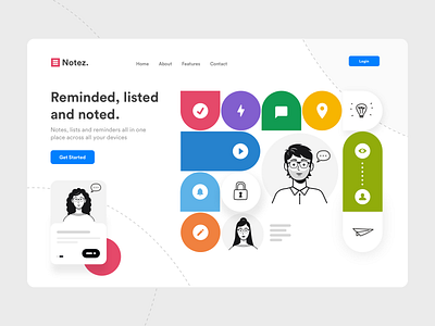 Notez Homepage branding characters colors flat home homepage identity illustration minisite notes people remind ui vector website