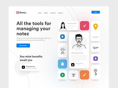 Notez Homepage Reloaded branding characters colors flat grid home homepage identity illustration landingpage minisite notes remind soft colors ui ui design vector website