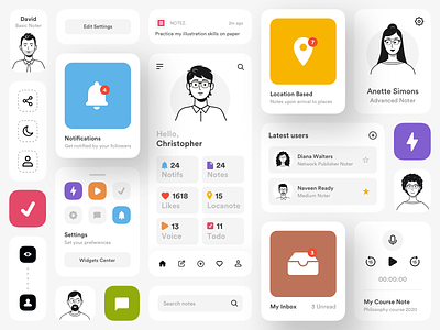 Notez UI Grid app app icons card cards cards ui characters colors design elements flat grid illustration illustrations modal notes notez notifications shadows users