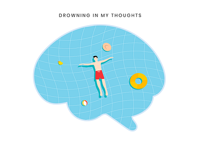 Drowning in my thoughts brain design float illustration minimal pool summer swimming pool vector