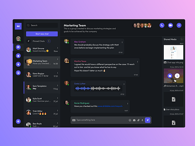 Workplace collaboration chat application app branding chat concept dark mode design minimal purple ui ux work place workplace xd