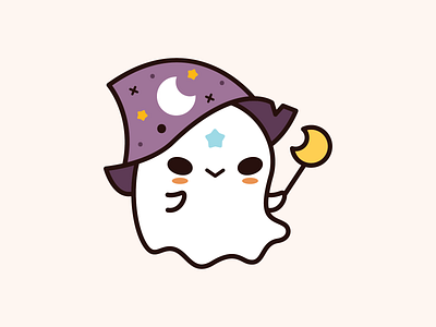 Ghostie cute flat ghost halloween hat illustration line moon star vector witch hat wizard