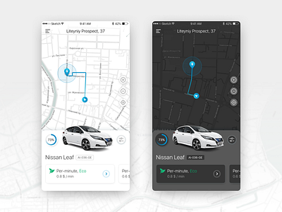 Carsharing App app cards dark mode map ui ux