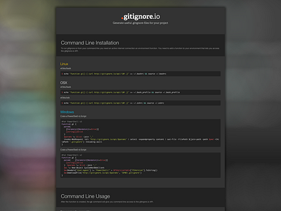 Gitignore CLI Page bokeh cli dark flat gitignore instructions minimal tomorrow theme website