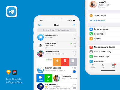 UI screens for Telegram messenger - Mobile Apps Library apps design figma free freebie messenger mobile mobileapp mockup screens sketch sketchapp socialapp telegram uikit uiux vector