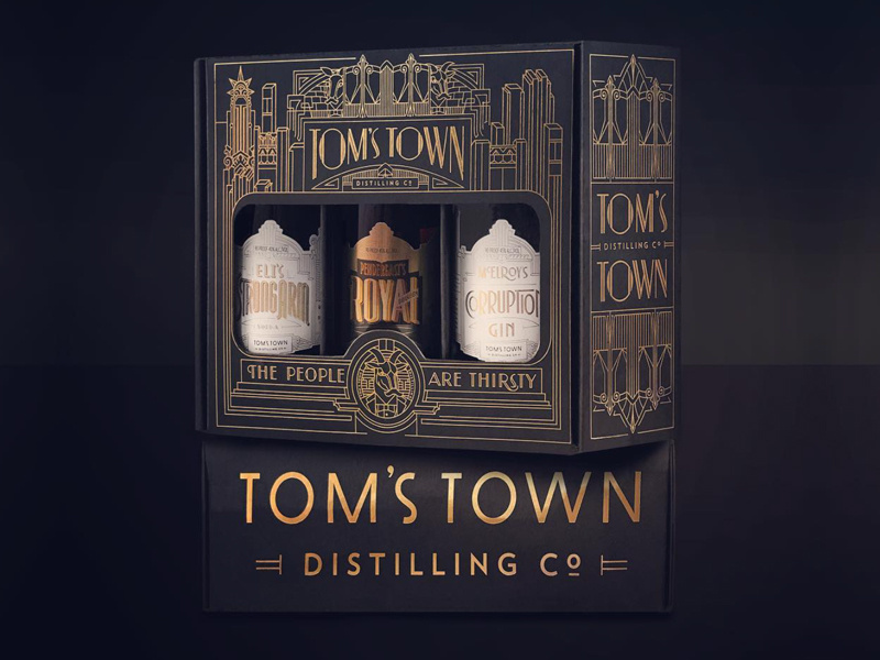 Tom's Town Gift Packaging spirits type typedesign typography packaging branding lettering