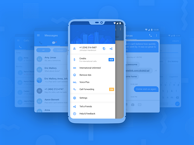 Navigation drawer android app calling app icons illustration material design message app ui ux